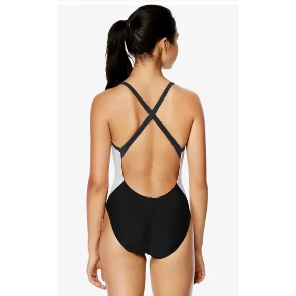 Speedo Womens One Piece Swimsuit Black White Colorblock X-Back Size 10/36 NEW - Picture 2 of 8